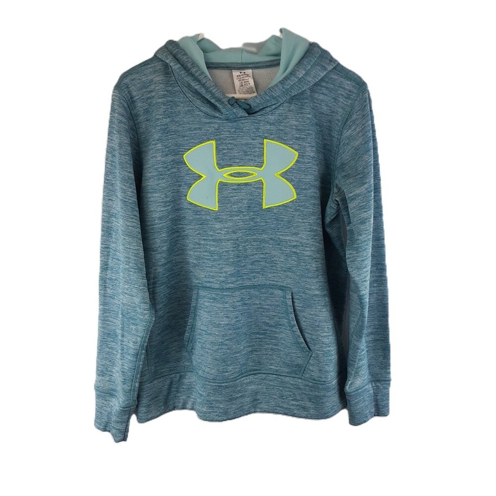 Under Armour Hoodie Pullover Long Sleeve Size MED Teal Yellow Pocket Spot